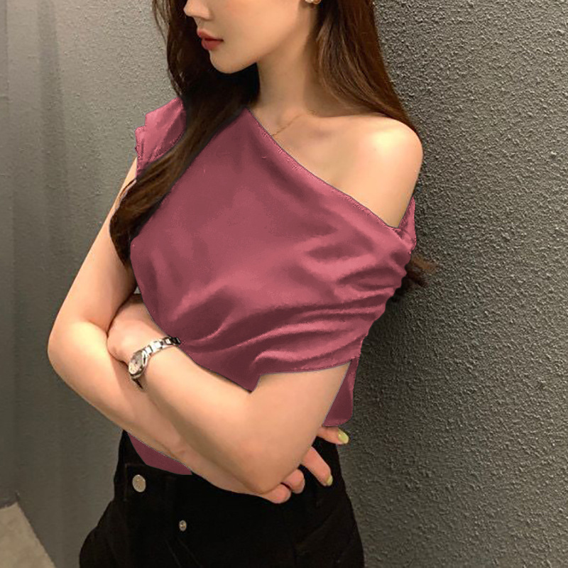 Summer New Niche Irregular Slanted Shoulder Design Loose Solid Color Pullover Short-sleeved T-shirt_ecoleips.com