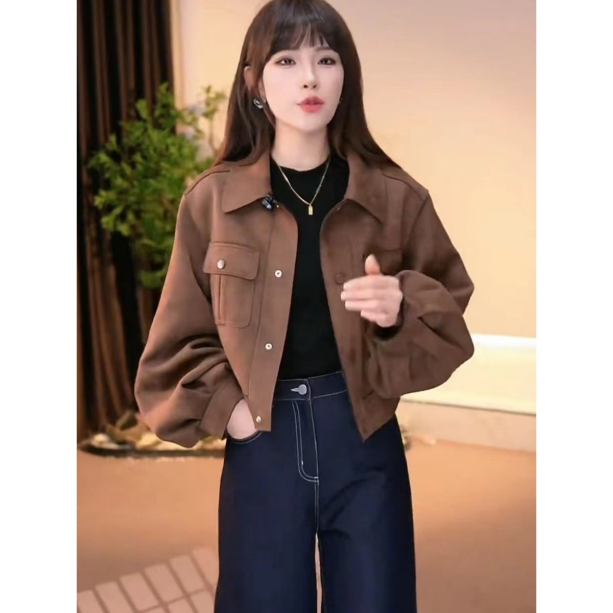 短款翻领麂皮绒外套女2025春季新款小个子时尚百搭休闲夹克上衣潮