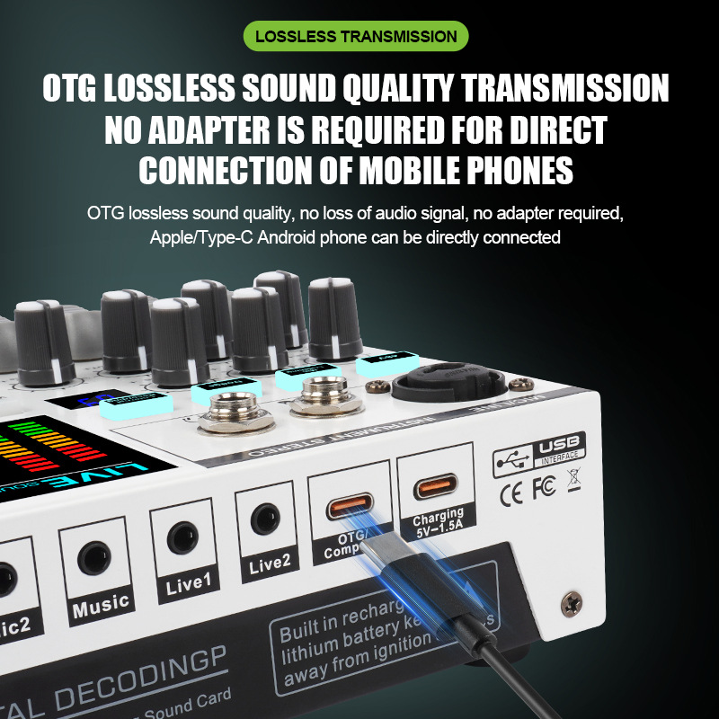 La tarjeta de sonido móvil para transmisión en vivo admite acompañamiento Bluetooth, fuente de alimentación de 48V, reducción inteligente de ruido, transmisión digital OTG para instrumentos, versión en inglés.