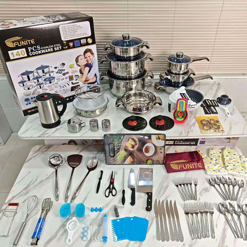 Funite140Pcs Export to Africa Stainless Steel Cookware Cross-Border Set Pot Temperature Control Cookware Wok