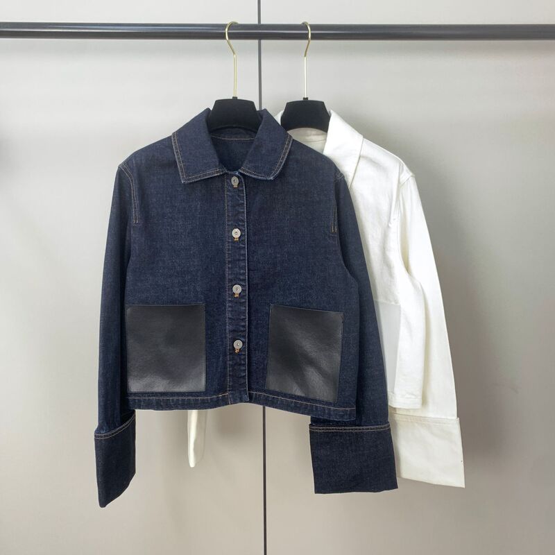 French-Style High Street Oversized Leather Pocket Short Denim Jacket for Women, New Summer Style with Patchwork Wide Sleeves, Lightweight Jacket Top