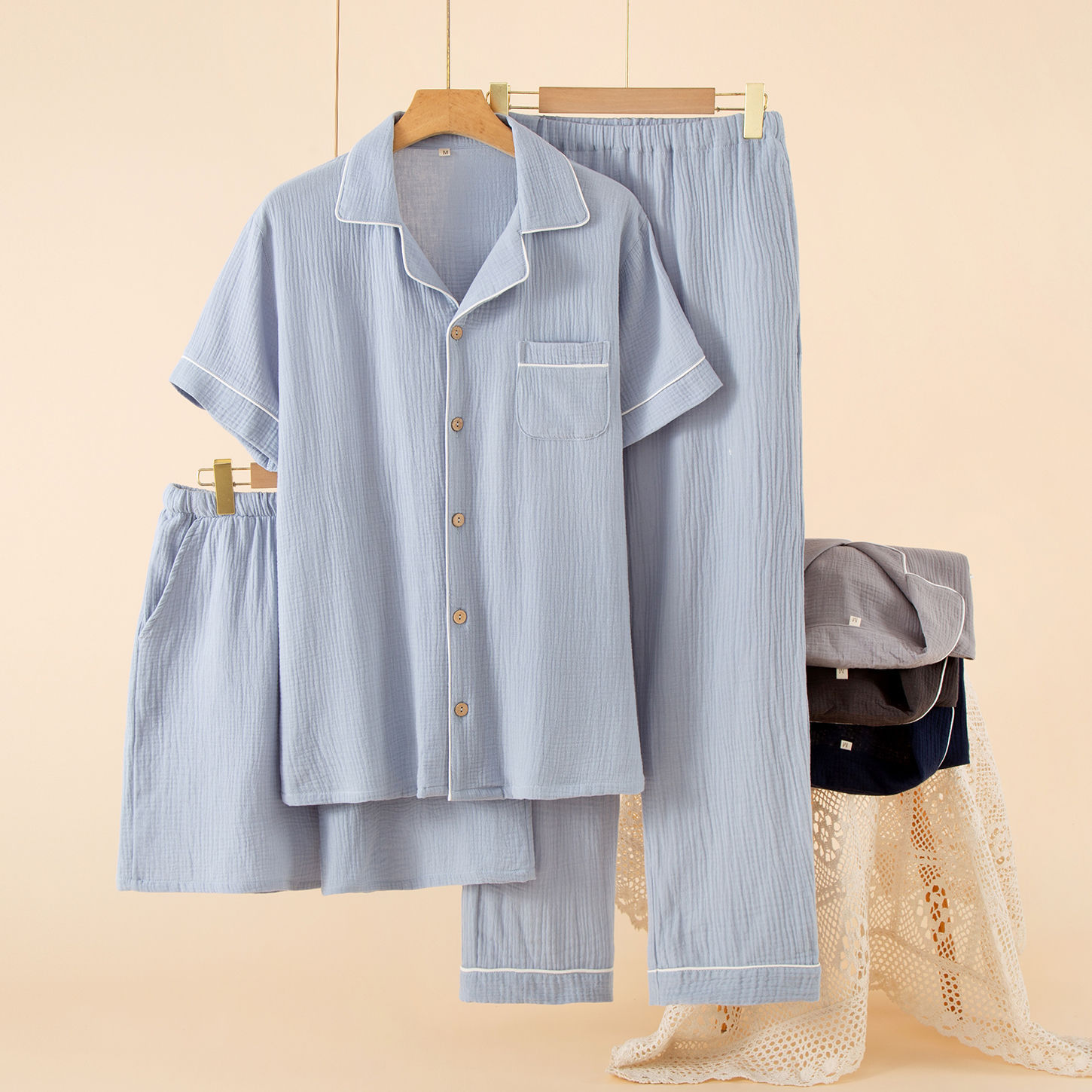 Summer Men's Pure Cotton Pajamas Japanese Style Thin Short-Sleeve Shorts Long Pants Three-Piece Set Gauze Loungewear Loose Breathable