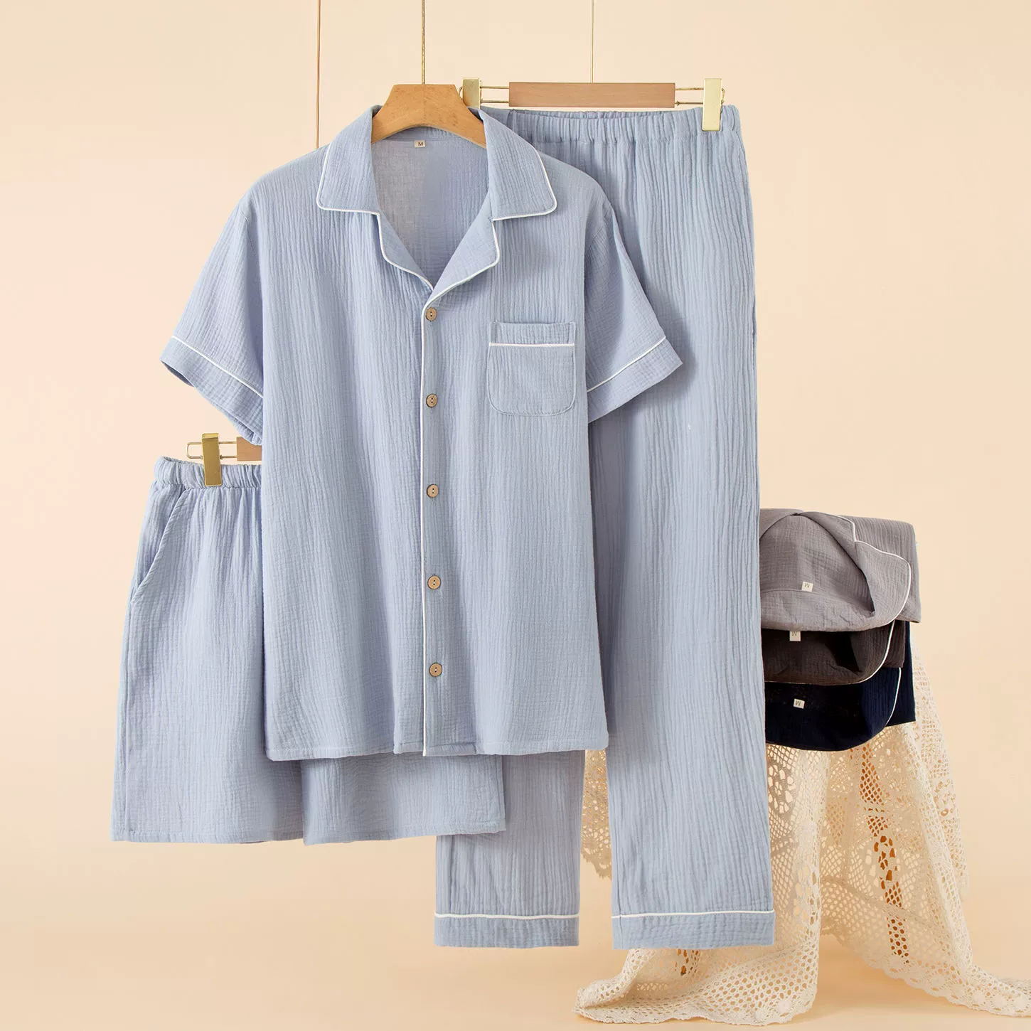 Летние мужские пижамы из чистого хлопка в японском стиле, тонкие шорты с короткими рукавами, длинные брюки, комплект из трех предметов, марлевая домашняя одежда, свободная дышащая одежда