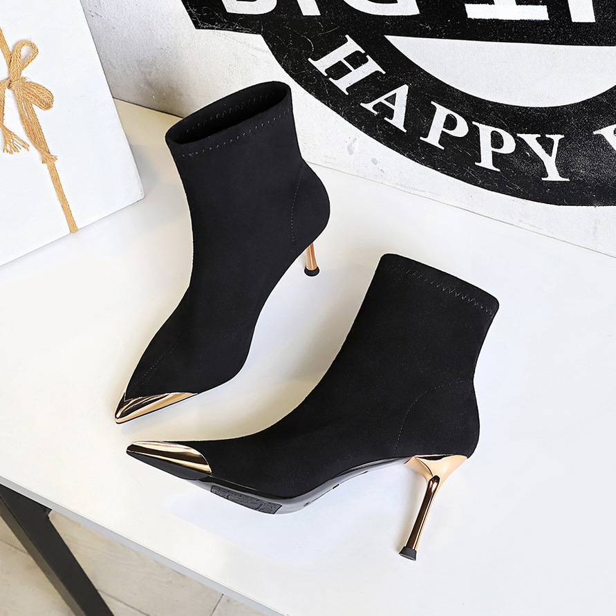 319-12 European And American Style Fahion Party Women' Tube Thin High Heel Metal Pointed Toe Slimming Suede Short_vogvips.com