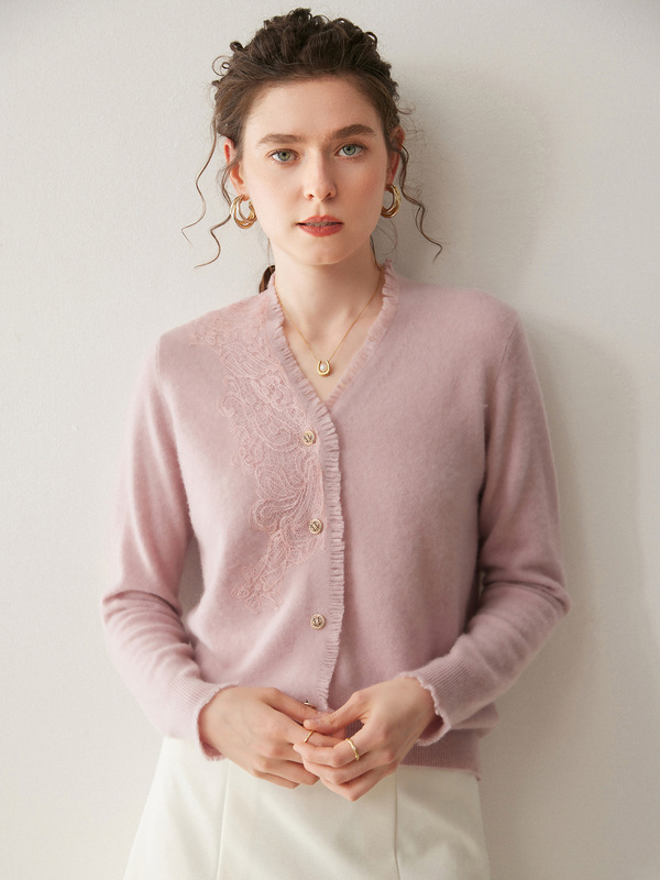 Zhengqite Clothing/Lace Trim Cashmere Cardigan for Women V-Neck Skin-Friendly Goat Cashmere Loose Fit Plus Size Knitted Base Shirt