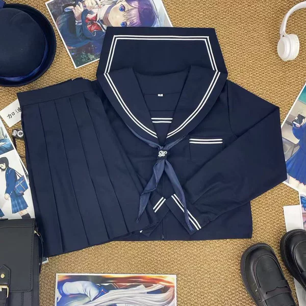 In-Stock Improved Navy Blue Two-Piece Basic Version Sailor Uniform Japanese School Style School-Supply Feel Navy Blue Jk Uniform Middle School Uniform