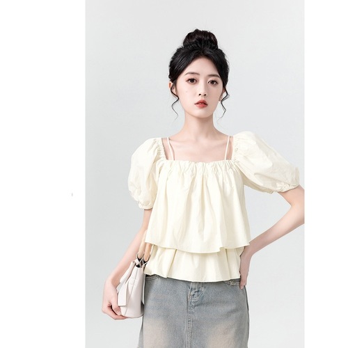 Apricot One-Shoulder Straps Bubble Sleeve Girls' Summer 2025 Unique Square Collar Short-Sleeve Shirt Short Top