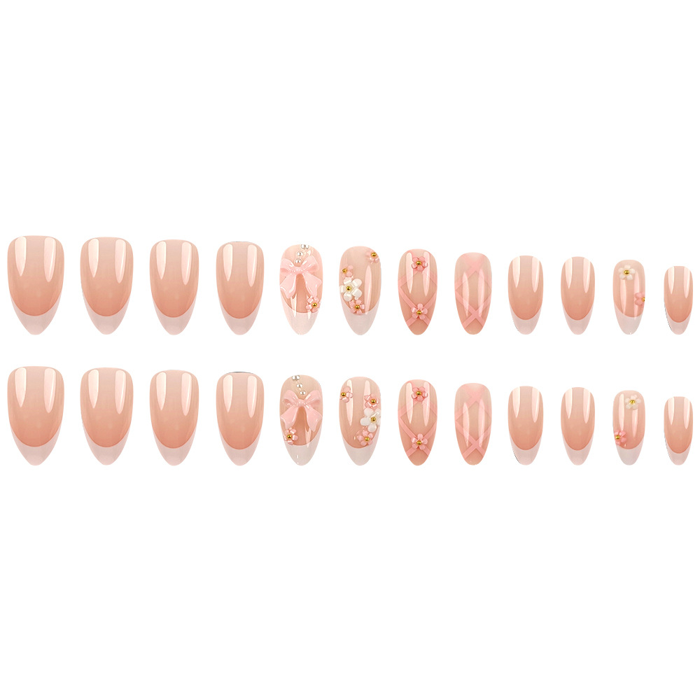 Uñas postizas estilo Hot Girl con borde blanco, puntas de uñas con lazo de alta gama, uñas postizas almendradas más vendidas transfronterizas.