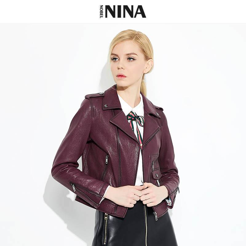 2026 New Genuine Leather Motorcycle Jacket for Women, Short Lapel Diagonal Zipper Sheepskin Coat, Slim Fit Leather Jacket