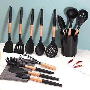 Cooking non-stick pan storage barrel silicone kitchenware with wooden handle 13-piece set silicone kitchenware 13-piece set