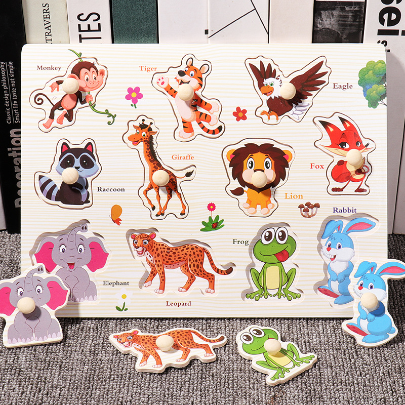 Rompecabezas de tablero de agarre de mano con clavos de hongo, juguetes de madera de educación temprana Montessori para niños, números de letras, forma de fruta, rompecabezas cognitivo