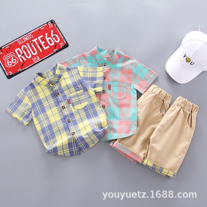 Foreign Trade Children's Wear Summer suit Fashion Casual Korean-style Plaid Collar Shirt for Boys and Girls Short-sleeved Two-piece Fashionable Set