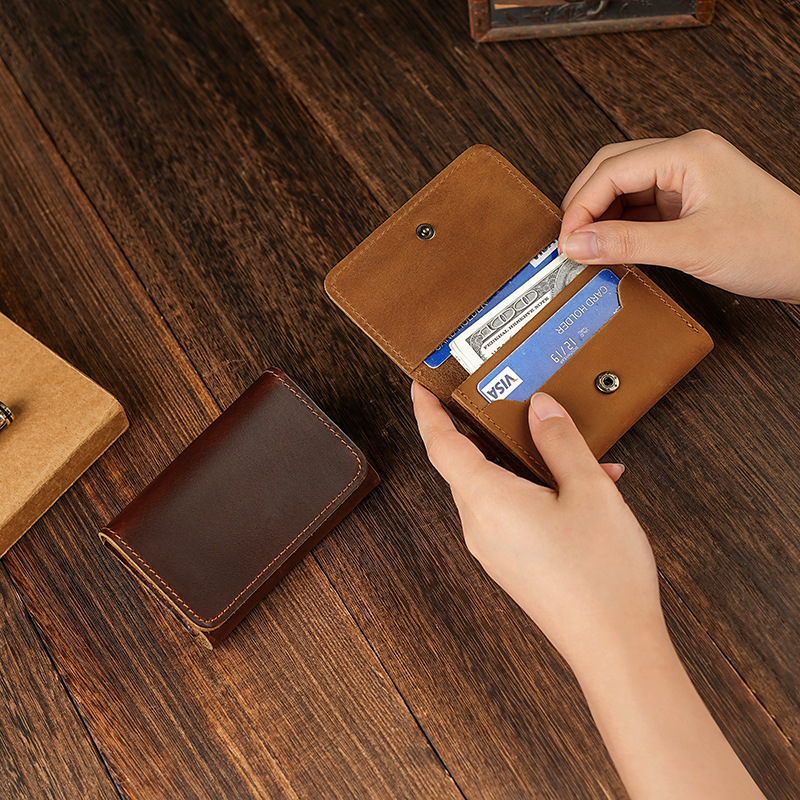 Crazy Horse Leather Small Card Holder Genuine Leather Mini Snap Button Small Coin Coin Purse Men's and Women's Credit Card Cowhide Card Holder Crazy Horse Leather Small Card Holder Genuine Leather Mini Snap Button Small Coin Coin Purse Men's and Women's Credit Card Cowhide Card Holder