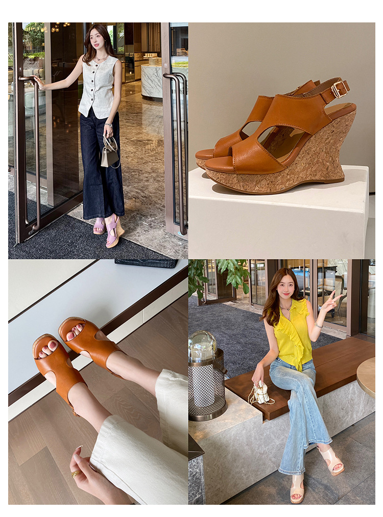 Sandal cao gót nữ da bò thật đế xuồng platform mũi hở gót siêu cao 2025 — nâu, Tím, Màu trắng nhạt chi tiết 1