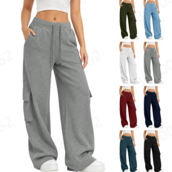 New Outdoor Multi-Pocket Wide-Leg Cargo Pants for Women, Solid Color Sports Casual Sweatpants with Drawstring Elastic Waist and Casual Pockets