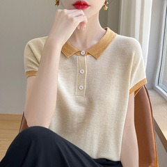 色合わせPOLO襟半袖tシャツ女天糸ニット洋気減齢衝突色tシャツゆるい上着24夏薄いタイプ