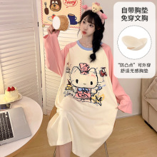 2025新款女童睡衣夏薄款长袖带胸垫女孩大童防凸点睡裙高中初俩俩