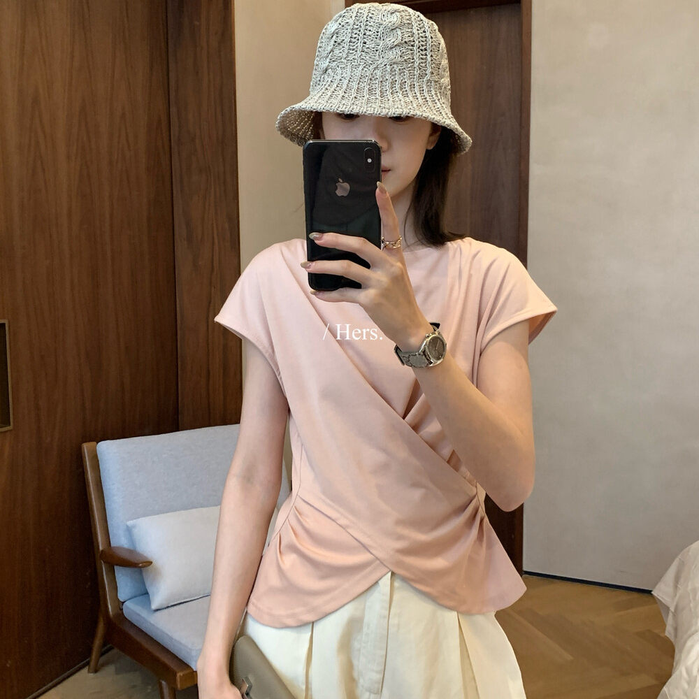 Áo thun nữ tay ngắn cổ tròn phong cách Hàn Quốc, thiết kế lưng xẻ khoét lệch — màu đen, Xám khói, trắng ngà, màu hồng