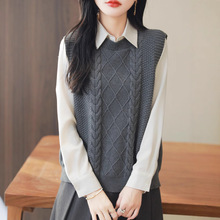 跨境2025秋冬新款纯棉线圆领针织衫马甲扭花软燕尾后开叉无袖叠穿