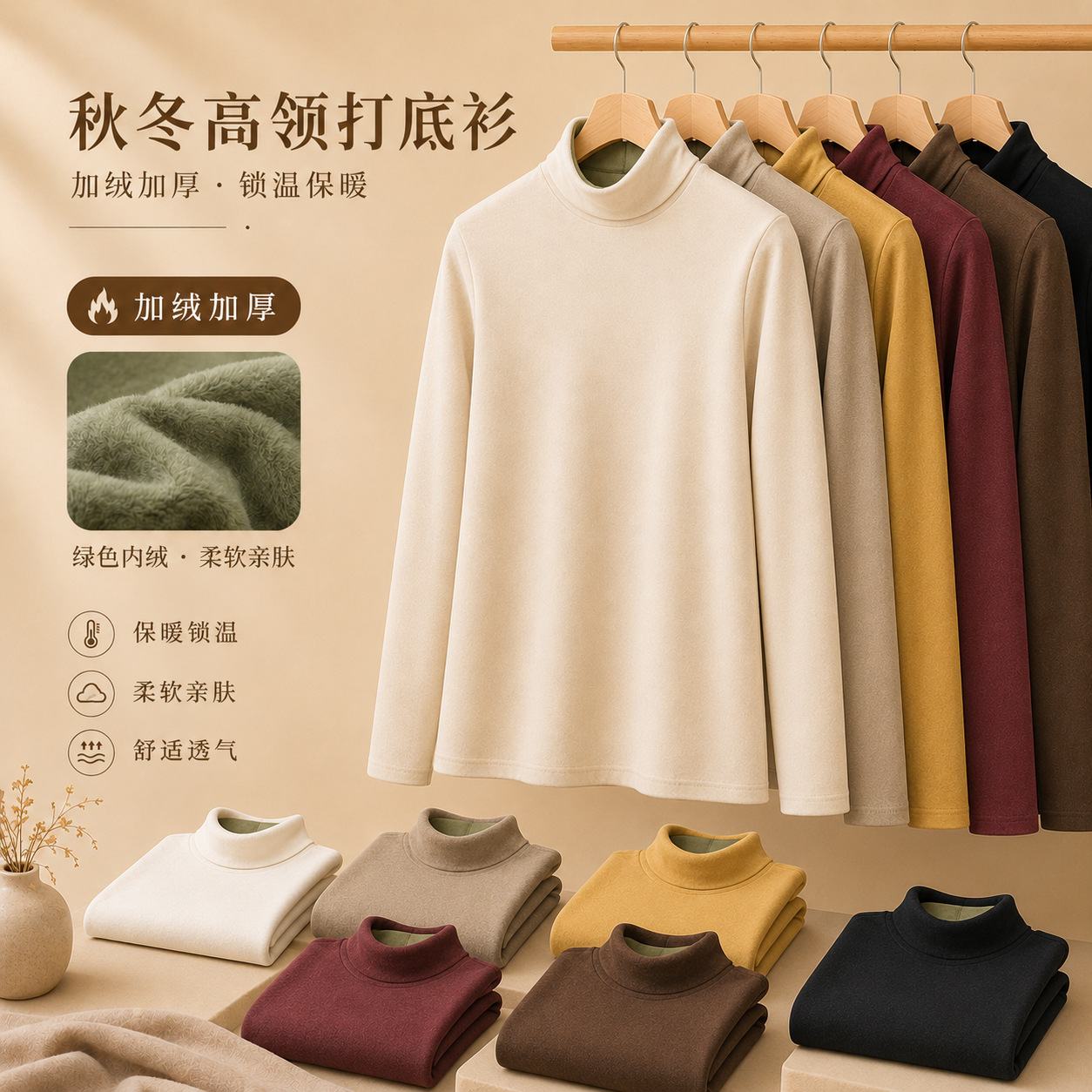 Fleece-lined and thickened turtleneck base layer top for women, new style for spring, autumn and winter, solid color, mid-neck, warm base layer top for women.