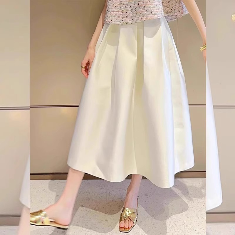 White Elegant Satin Skirt for Small Women Summer High Waist A-Line Skirt French Umbrella Skirt Mid-Length Skirt