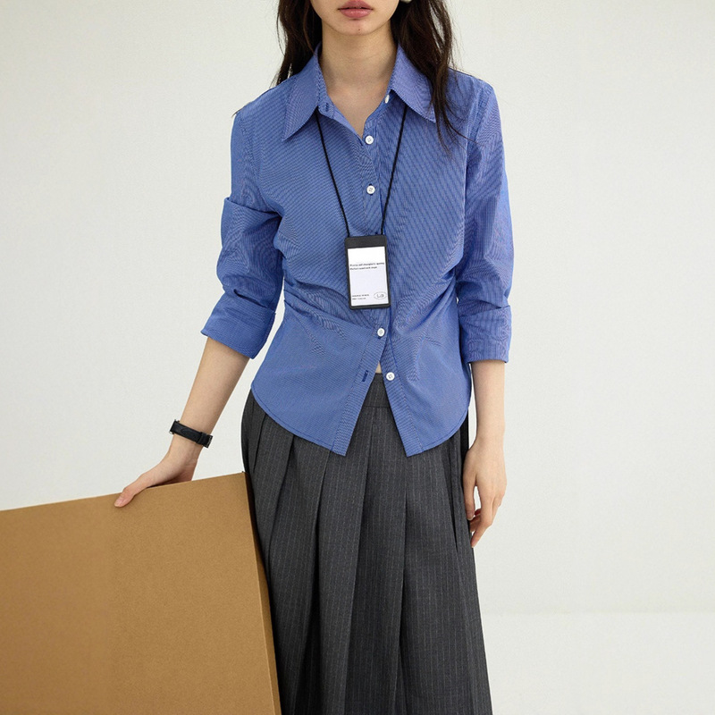Lala Fashionable Preppy Retro Style Commuting Waist Slimming Shirt Women's Autumn Casual Easiest for Match Top