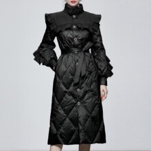 冬季女装新款黑色收腰中长款白鸭绒羽绒服加厚过膝面包服外套