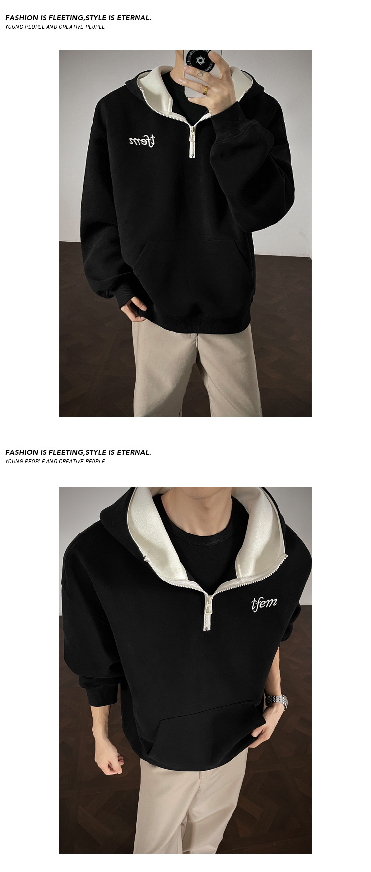 Felpa con cappuccio ricamata da uomo con zip in cotone pesante_voghion.com