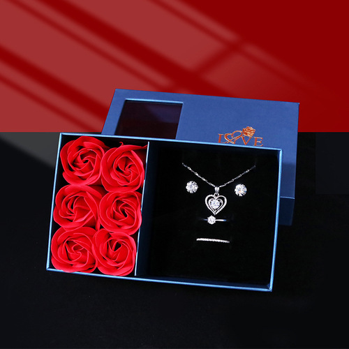 Valentine's Day Rose Gift Box with Window Top Cover, 6 Soap Flowers, Pendant, Ring, Earrings, Decorative Packaging Box