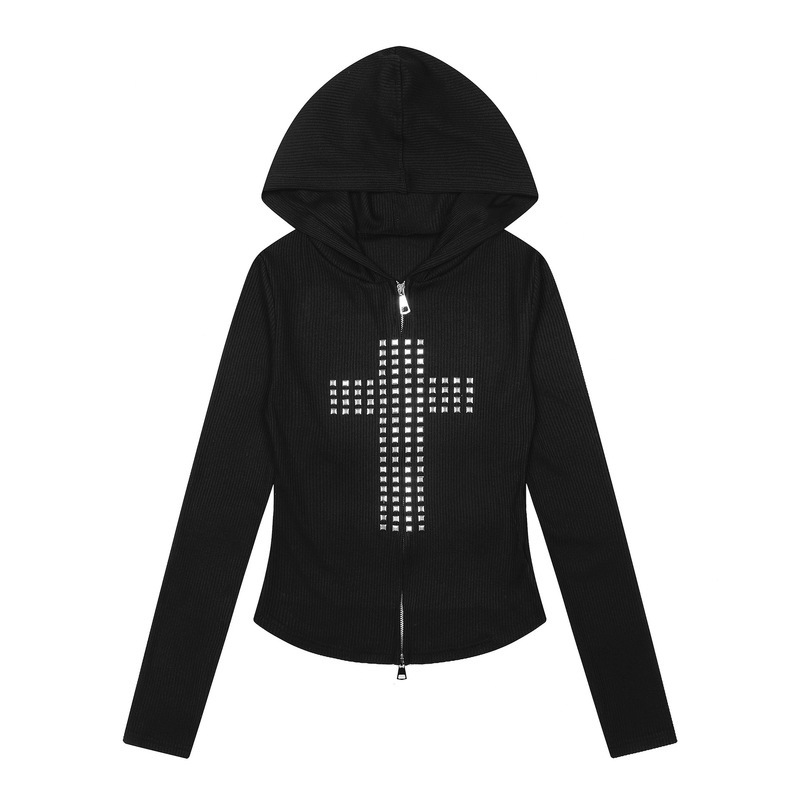 American-Style Spicy Girl Fashion Rhinestone Cross Women's Fitted Hooded Sweatshirt Slim-Fit Jacket Direct from Manufacturer American-Style Spicy Girl Fashion Rhinestone Cross Women's Fitted Hooded Sweatshirt Slim-Fit Jacket Direct from Manufacturer