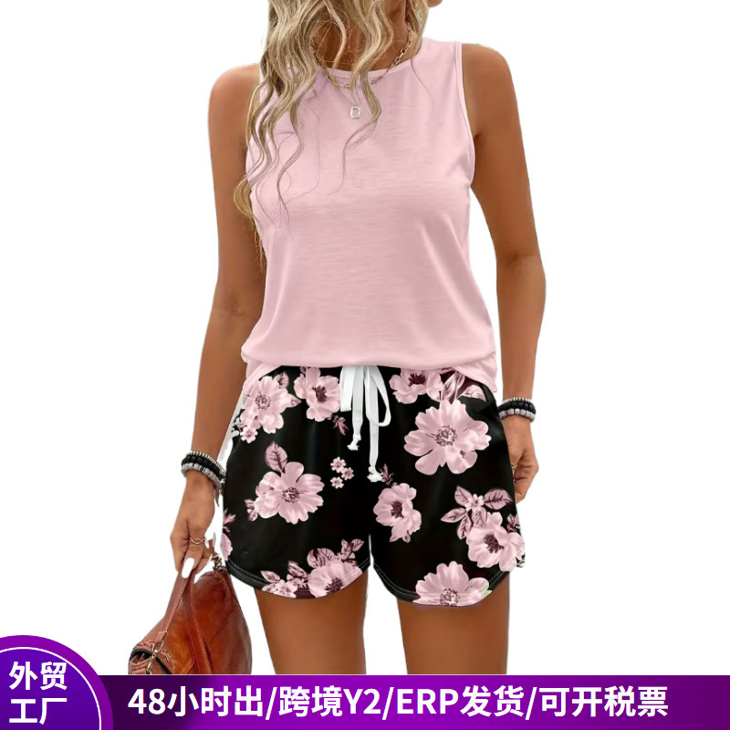 2026 Cross-Border Independent Site Sleeveless Vest Two-Piece Set for Women Summer Slimming Sports Suit Printed Shorts Women's Clothing