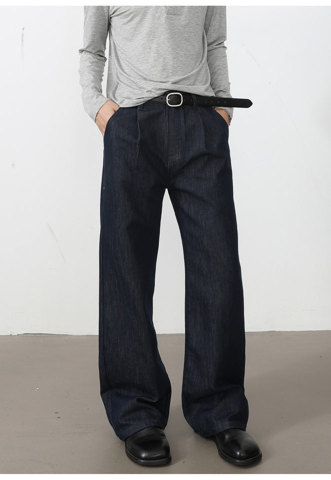 Quần jean nam ống rộng lưng trung, phom suông thoải mái, vải denim phối lụa sợi tổng hợp xếp li nhẹ — Cao bồi xanh, Cao bồi đen, Màu cà phê đậm chi tiết 23