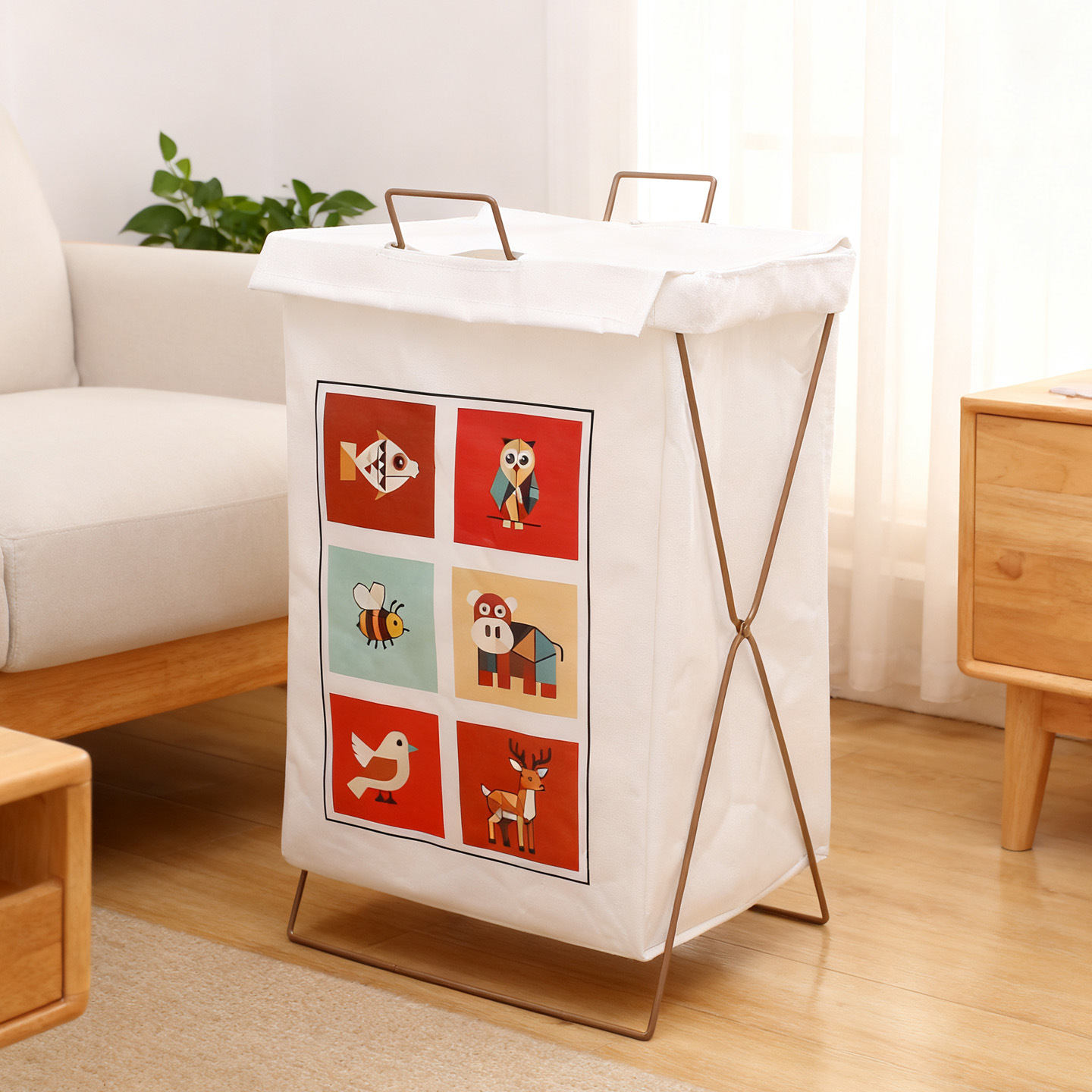 Waterproof cotton linen laundry basket laundry basket clothes storage basket Japanese simple iron bracket fabric folding laundry basket bucket