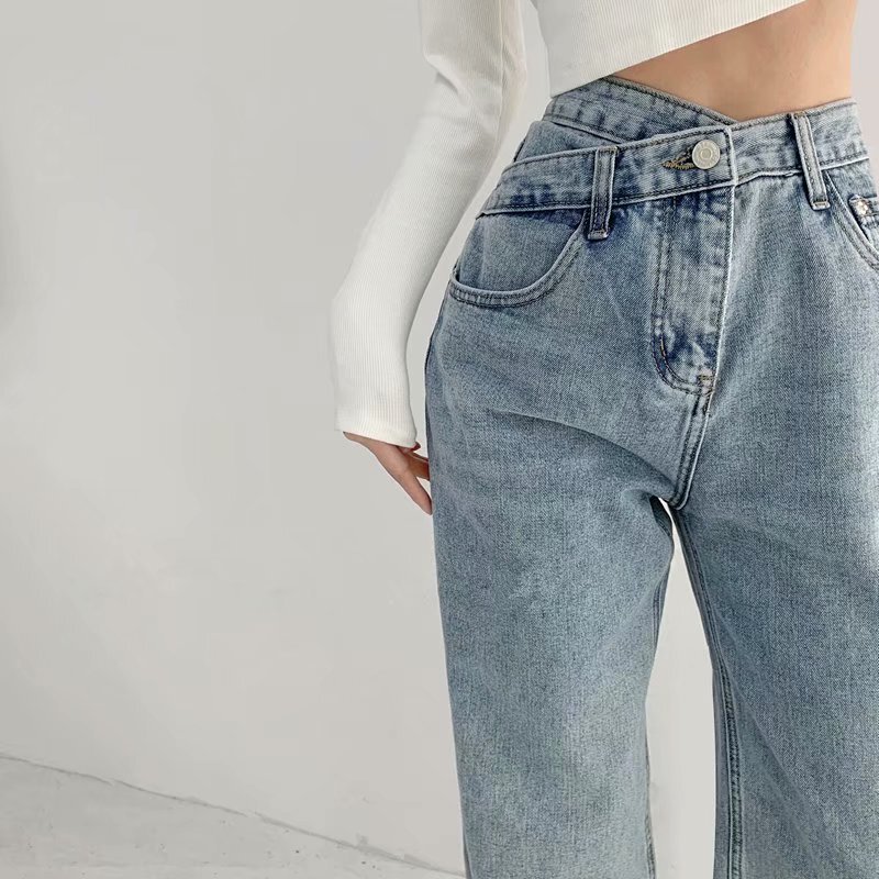 Design Sense Irregular Cross Jeans Women's Autumn and Winter High Waist Loose Slim-fit Straight Vertical Trousers