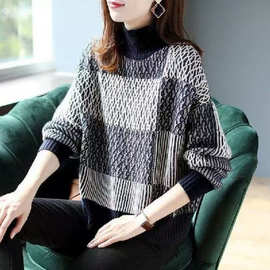 韩版气质长袖针织衫上衣女百搭半高领撞色宽松减龄毛衣上衣秋冬