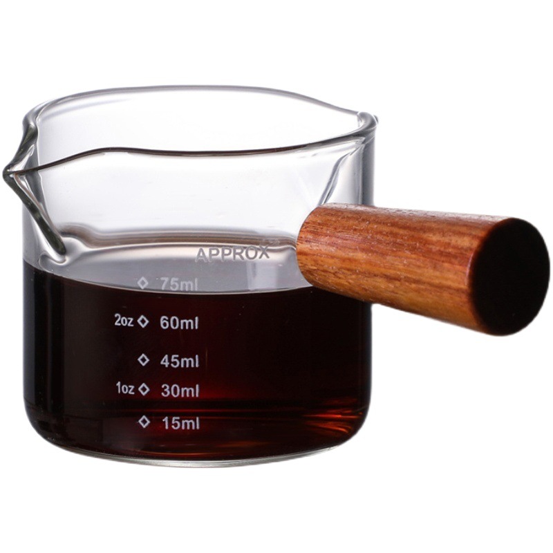 Wooden handle double-mouth glass small Milk Cup Coffee Milk Cup Italian-style concentrate cup small milk jar Milk Cup coffee scale measuring cup