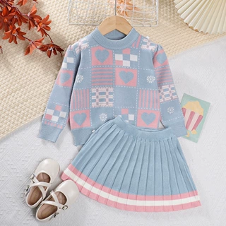 女童毛衣裙套装时尚秋冬新款洋气小女孩套头上衣百褶裙针织两件套