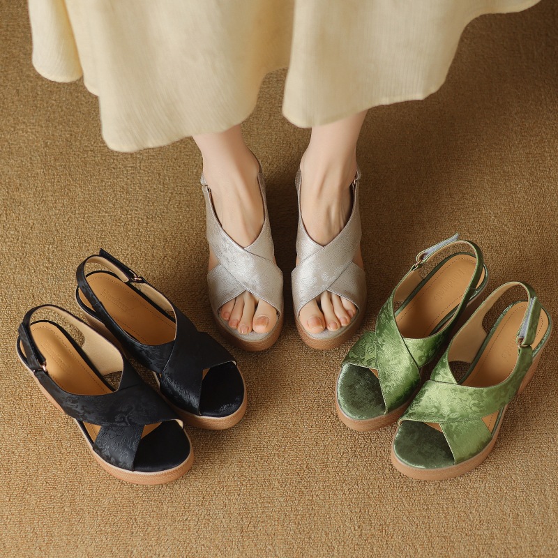 Summer leather high heels Chinese style with velcro