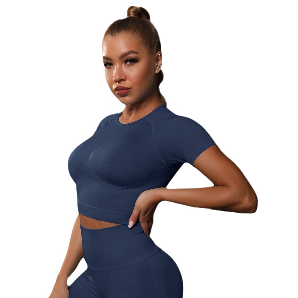 Summer New Seamless Tight Pleated T-Shirt Top Yoga Wear For Women High Elastic Running Sports Fitness Short Sleeve_viptrois.com