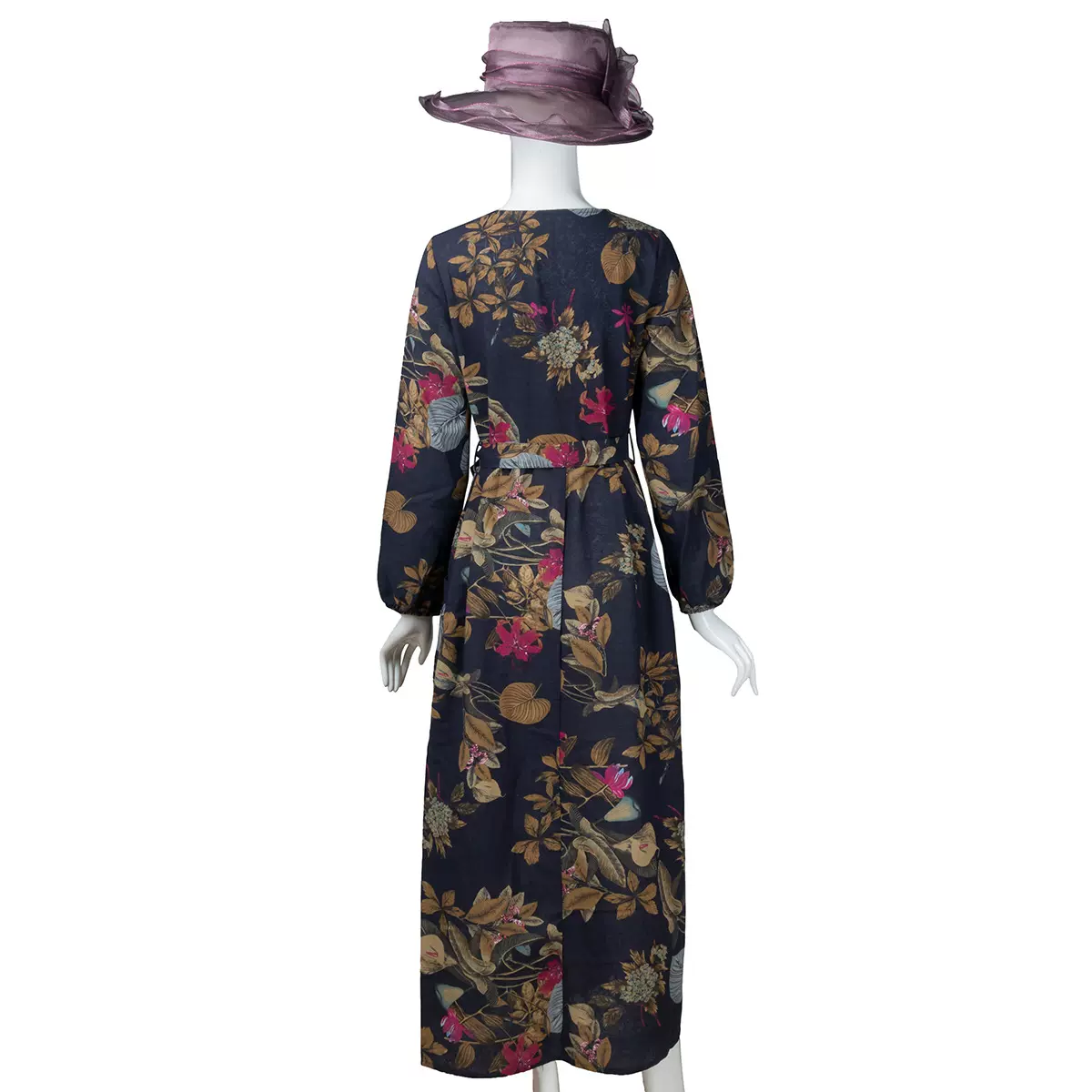 2023穆斯林印花长袖女装棉麻圆领文艺复兴多层拼接束腰荷叶边下摆