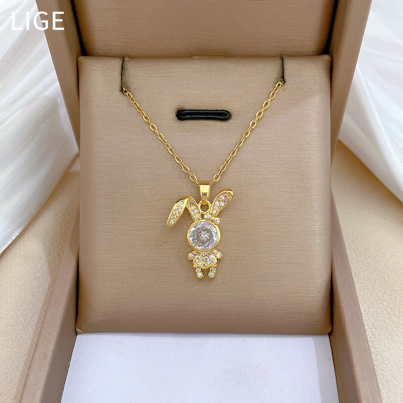 Gorgeous Zircon Rabbit Necklace Titanium Steel Collarbone Chain_voghion.com