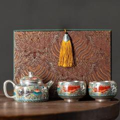 Zhou Hongjie 999 ゴールドシルバー イワシ藻模様 ポット 2 カップ カンフー ティーセット ティーポット コンプリートセット ハイエンド ギフトボックス