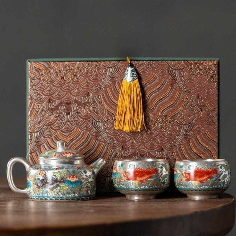 周鸿杰999鎏银青花鱼藻纹一壶二杯功夫茶具泡茶壶整套高档送礼盒
