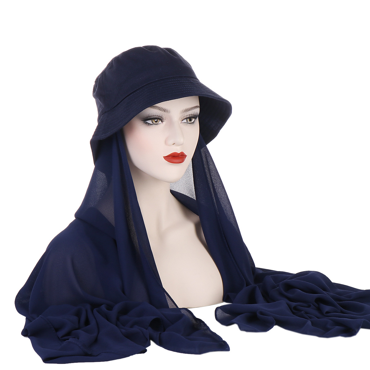 solid color chiffon plus fisherman hat long scarf pearl chiffon all-in-one scarf 2-piece set for drop shipping_voghion.com