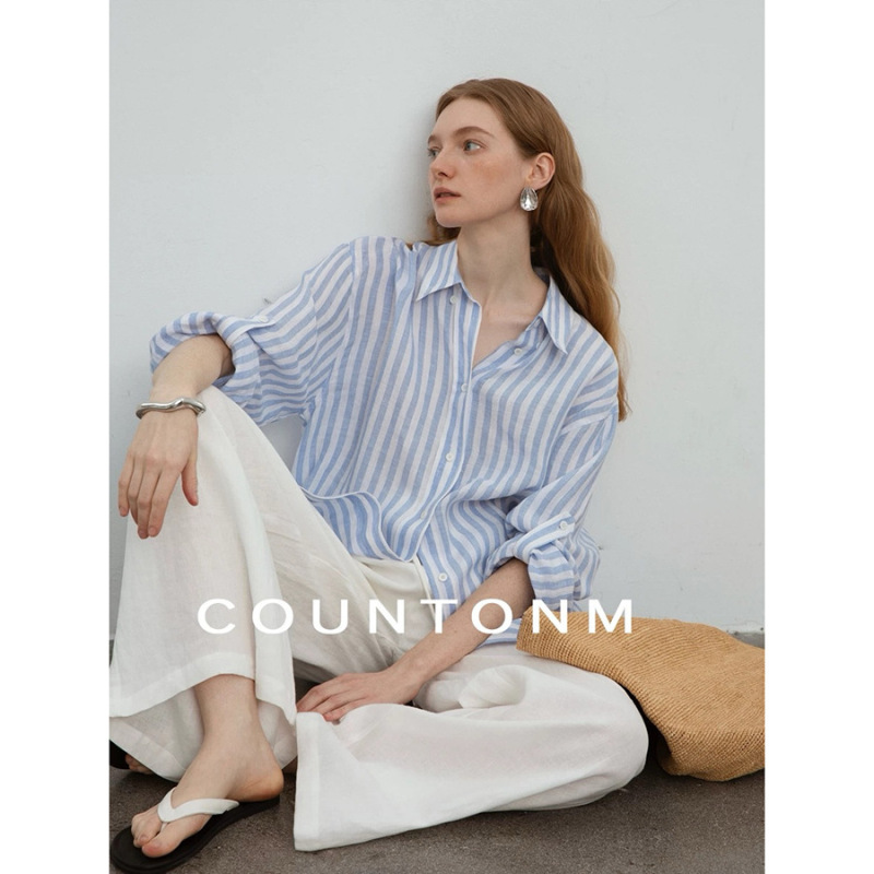 Countone Casual Resort Style/Relaxed and Comfortable Linen Yarn-Dyed Casual Silhouette Striped Shirt