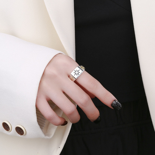 Yunchaoxuan S925 sterling silver retro fashion handsome cross wide eight-pointed star sun ray open ring
