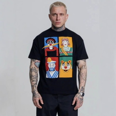 綿ヨーロッパ駅デザイン半袖tシャツゆるいカジュアル夏の新しいファッション男性上着に個性的な丸襟がついている