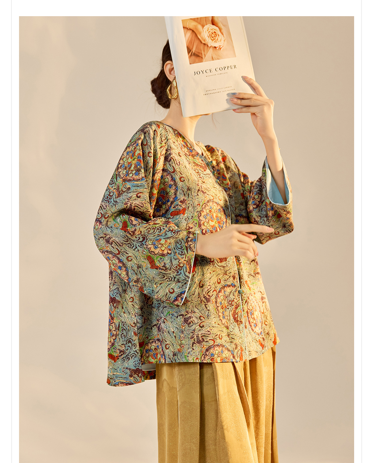 Áo khoác nữ phong cách Trung Hoa mới, cổ chéo, in thêu chỉ vàng, chất rayon cao cấp N8042 — màu xanh nhạt chi tiết 10