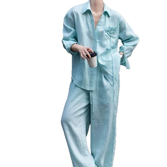 Laqian wind linen shirt pants suit 2025 spring new women's blue skin lining white top wide leg pants