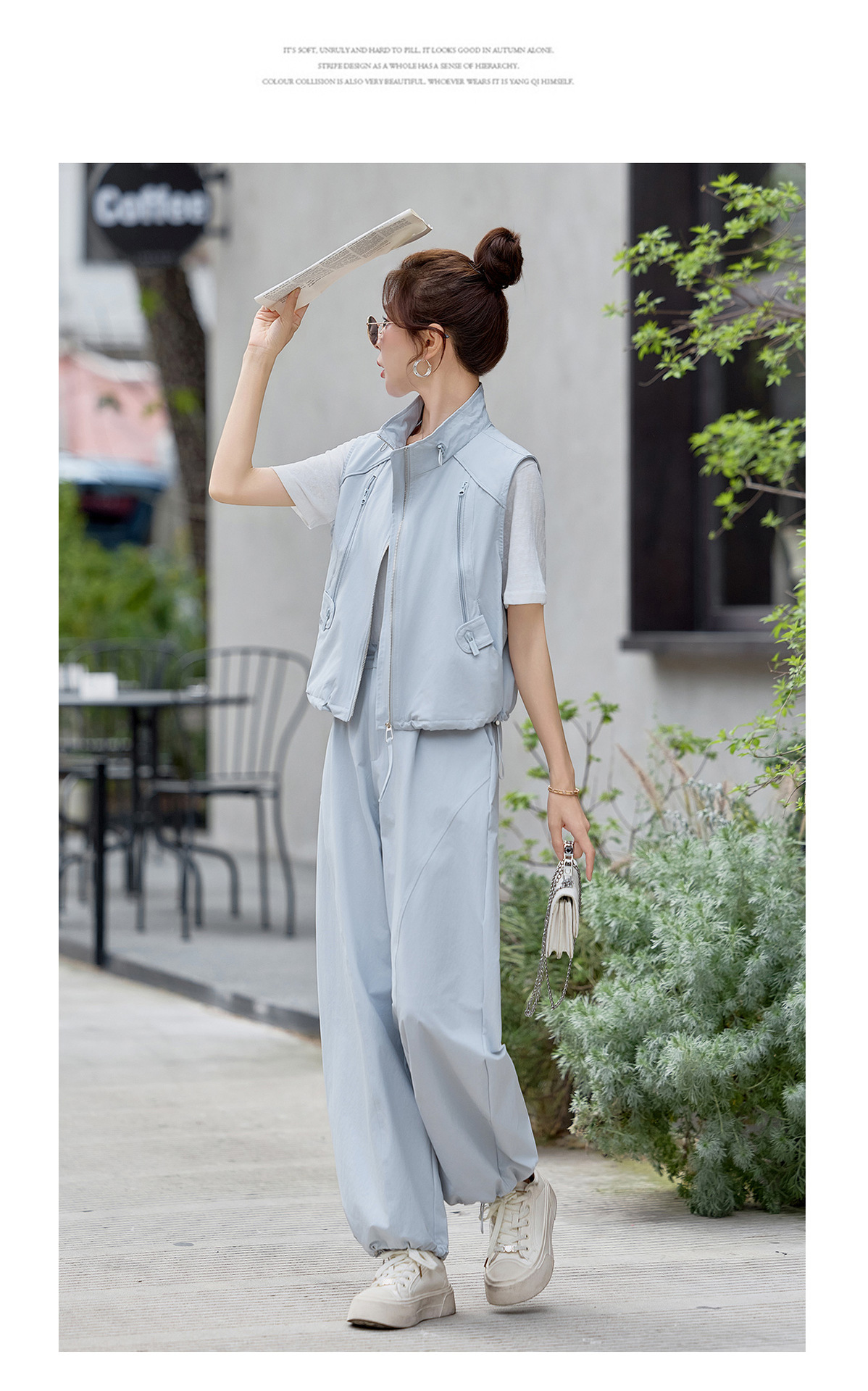 Bộ ba mảnh nữ gồm áo thun cổ tròn, áo vest cổ đứng và quần ống rộng phối đồ thanh lịch — màu xanh nhạt, màu xanh đậu chi tiết 17
